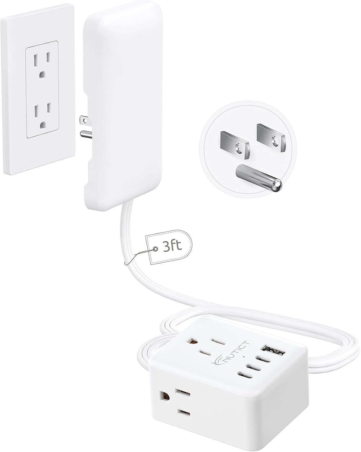NUTICT 3FT Short Extension Cord with Outlet Cover, Flat Plug Power Strip with 3 Outlets & 3 USB-C & 1 USB-A Port, Wall Mountable, Flat Face Outlet Extender Hidden Behind Couch, Bed, Desk, White
